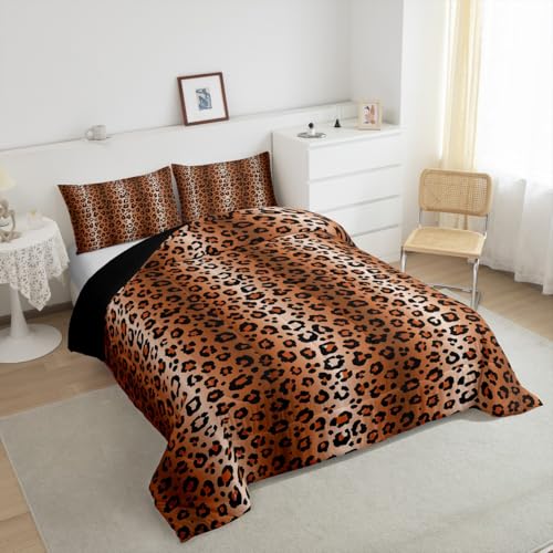 Image of Feelyou Kids Leopard Comforter Queen for Kids Boys Girls Black Brown Bedding Set Cheetah Print Comforter Set Leopard Stripes Duvet Set 3Pcs