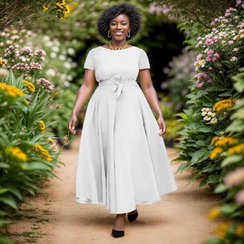 Image of Hostoyo Women Plus Size Formal A Line Maxi Dress Self Tie Waist with Pockets Elegant Round Neck Swing Long Dresses