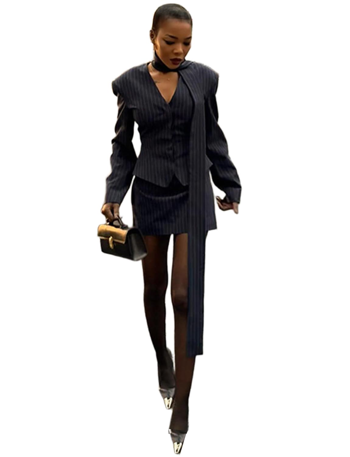 Kromoc Womens Stripe Two-Piece Suit Single Breasted Button Jacket Skirt Formal Uniform Tuxedos