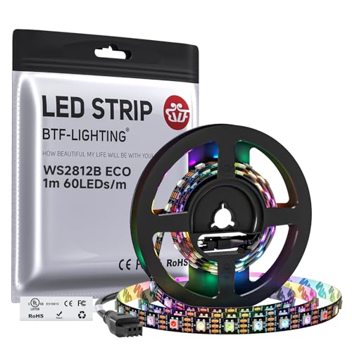 BTF-LIGHTING UL Listed WS2812B IC ECO LED Strip Individually Addressable RGB 5050SMD Alloy Wire 1M 60LED 60Pixel/m Flexible Dream Color Black PCB IP30 DC5V for DIY Project(No Adapter or Controller)