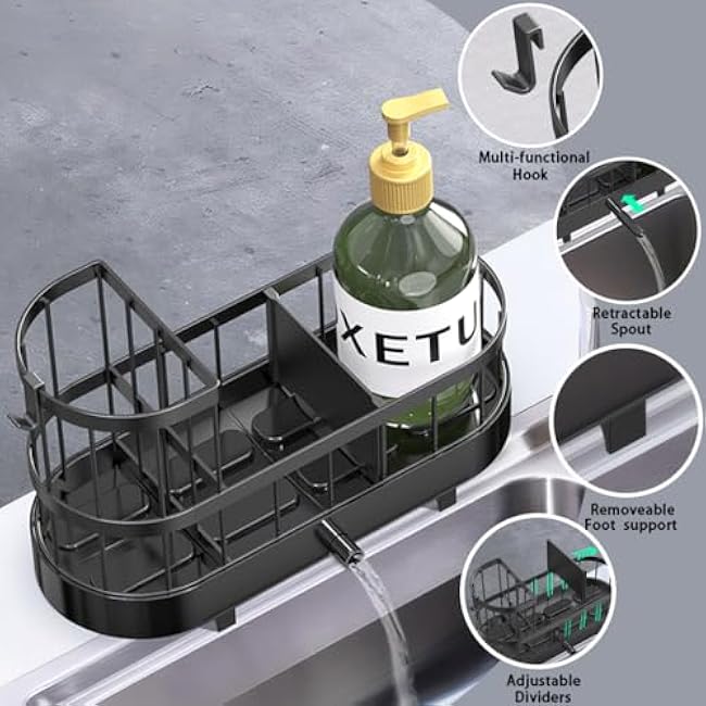 Sponge Holder for Kitchen Sink, Stainless Stee Sink Caddy with High Brush Holder, Self-Draining Sponge Caddy, Soap Dispenser Storage, Kitchen Accessories for Organization (Black, L)