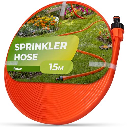 Instalguru Spritzschlauch 15 m Sprühschlauch Flacher Bewässerungsschlauch Schlauchregner Sprühregner Wasserschlauch Tropfschlauch Schlauchregner Gartenschlauch mit Verbindungsstück