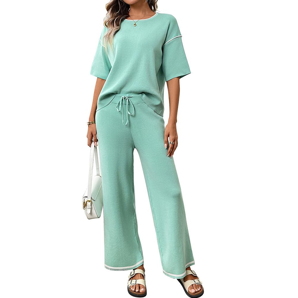 Genérico Conjunto De Dos Piezas De Verano para Mujer: Top De Manga Corta Y Pantalón De Pierna Ancha. Conjunto Deportivo Suave Y Ligero, Elástico, Informal, Ideal para Vacaciones Y para Viajar.