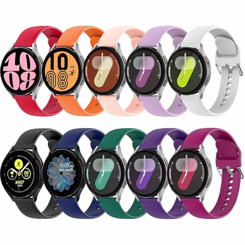 10 Pack Bands Compatible with Samsung Galaxy Watch 7/6/5/4 40mm 44mm/ Watch 4 6 Classic/Watch 5 Pro, Active 2 Band, 20mm Soft Silicone Sport Strap Wristbands for Women Men