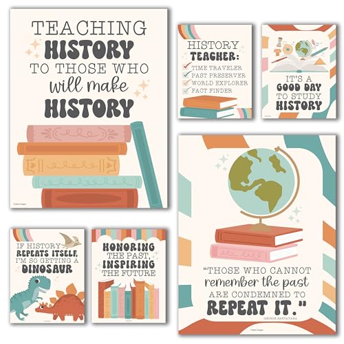 Hadley Designs 6 Social Studies Classroom Decorations – US History Posters for Elementary, Middle School and High School, Durable World History Wall Art for Teachers - Retro Classroom Decor