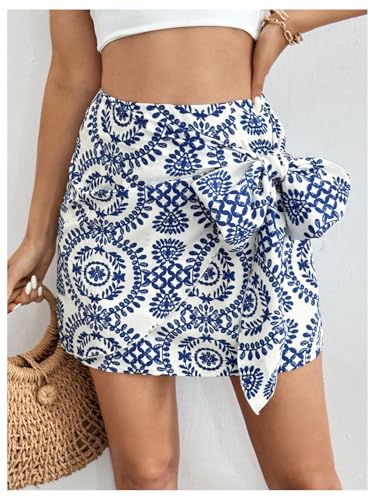 WDIRARA Women's Allover Print Knot Side High Waist Wrap Skirt Zipper Back Boho Mini Skirt3