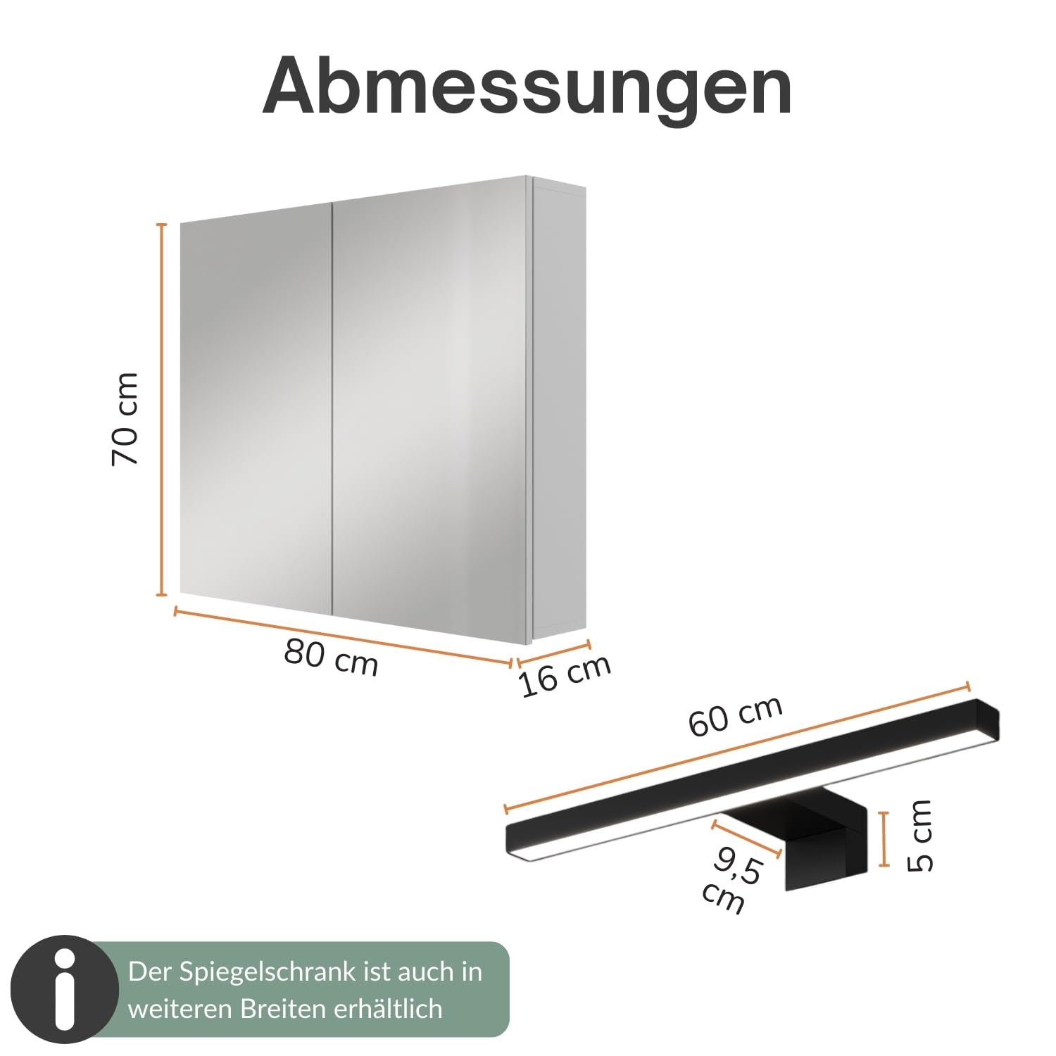 Planetmöbel ARIA Spiegelschrank Bad mit Beleuchtung 80 cm breit | Badschrank hängend mit Spiegel | Weiß Grau, mit Leuchte und Steckdose, Spiegelschrank Gäste WC 80 x 70 x 16 cm