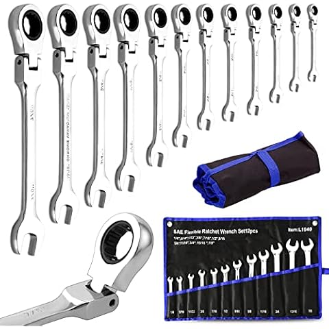 Ratchet Wrenches Set 12pcs 1/4” to 7/8“ Inch SAE Standard Spanners Gear Ring Ratcheting Combination Flexi Wrench Kit Flex Flexible Head Cover