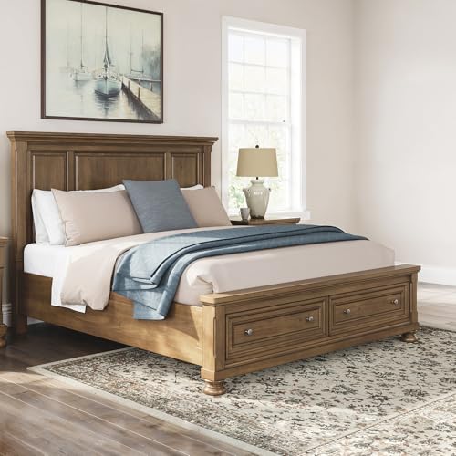 Image of Signature Design by Ashley King Platform Bed with Storage, Brown | King size storage bed frame, Chestnut brown, 2 footboard drawers, No box spring required, Glarrison Series