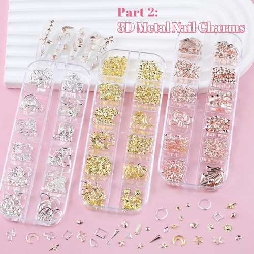 10 Boxes Nail Art Kit - 12 Colors Pointed/Flatback Rhinestones, 3D Gold/Silver/Rose Nail Studs, White Beige Half Pearls, Holographic Glitter & Foils + 3 Tools for DIY Nail Art Jewels & Crafts - Image 4