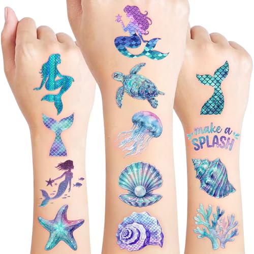 96PCS Mermaid Temporary Tattoos Stickers - Under The Sea Mermaid Themed Party Favors Ocean Birthday Party Decorations Supplies Accessories Gift For Kids Teen Boys Girls Classroom Prizes Rewards
