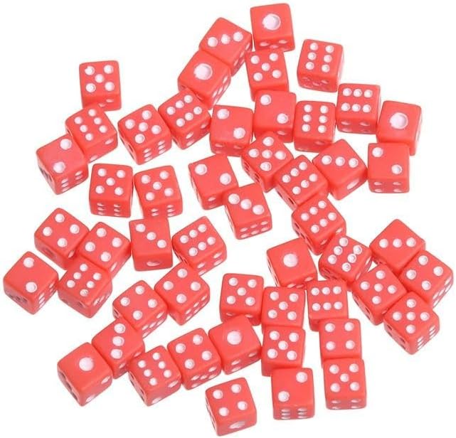 50pcs/bag Mini Dice Cubes, Standard 6 Sided Dice, Colored 5mm Acrylic Plastic Dice, Party Dice for Board Game(red)