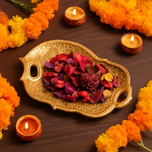 Image of MARKET 99 Golden Decorative Serving Tray | Glossy Aluminium Embossed Platter for Home Decor & Table Setting | Designer Centerpiece Tray for Dining, Coffee Table, Festive & Housewarming Gifting