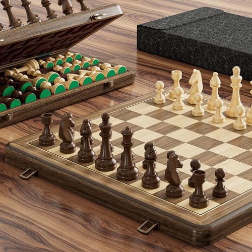 Magnetisches Schachspiel 15 Zoll (38 cm) – Klappbares Schachbrett aus Kautschukholz mit kaffeebraunen doppelseitigen Aufbewahrungseinlagen, 2 Ersatz-Damen & Staubschutzbeutel (Vint