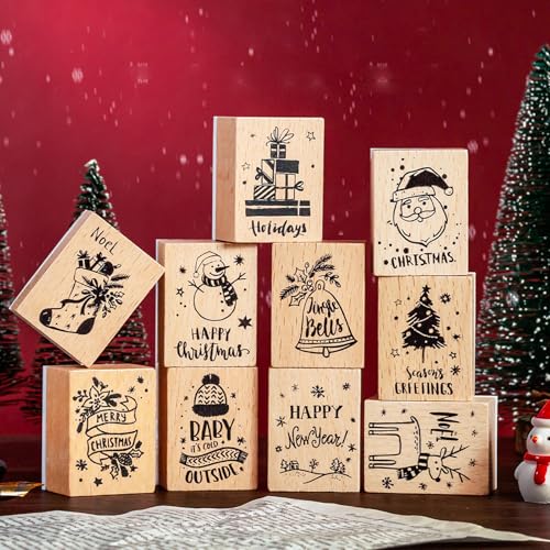 Bztzhm Set di 10 timbri in legno, timbri natalizi, timbri invernali per bricolage, creazione di biglietti, scrapbooking, etichette regalo, disegni per bambini, decorazioni natalizie e progetti