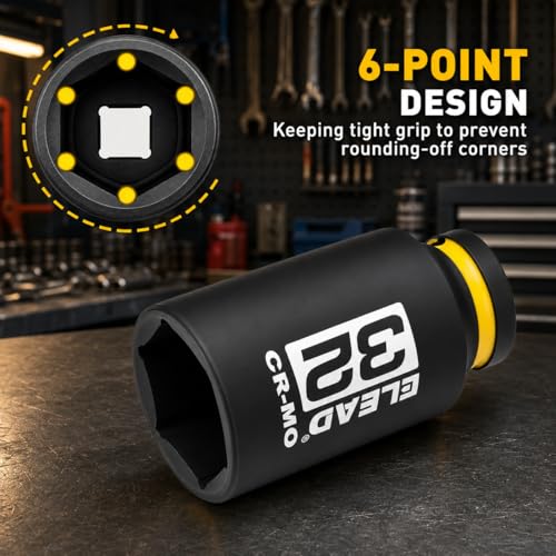 Image of ELEAD 32 mm Socket 1 /2 inch Drive Deep Impact Socket, Metric 6 Point 1 /2-inch Drive Impact Axle Nut Sockets, CR-MO Nut Socket Set, Tools for Easy Removal of Axle Shaft Nuts