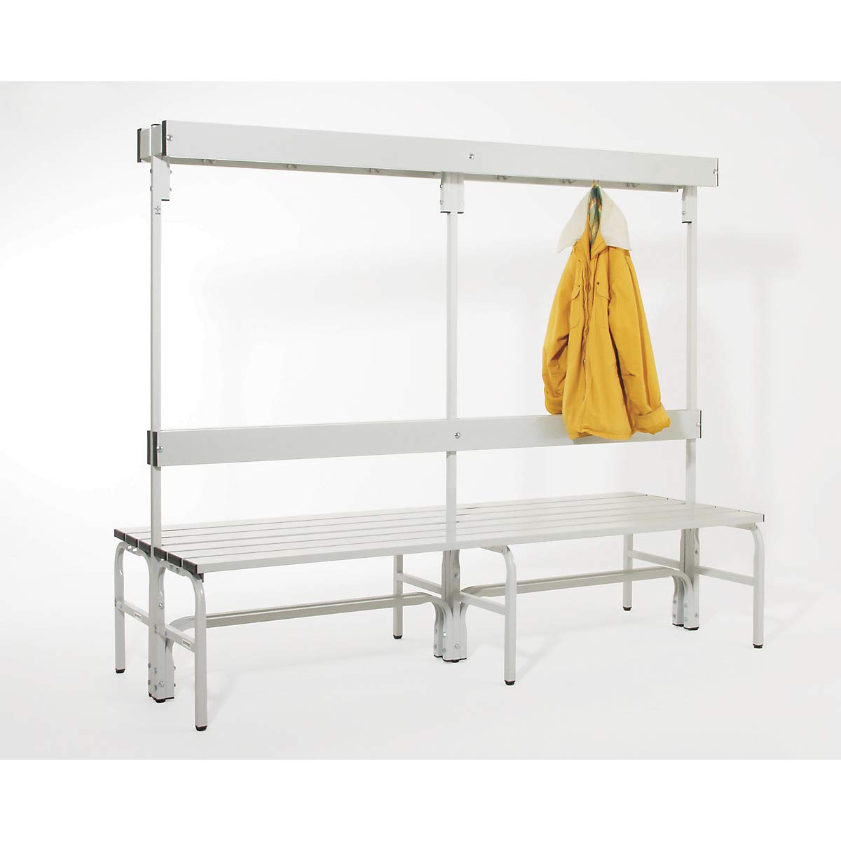 Sypro ławka do przebieralni ze stali nierdzewnej do pomieszczeń wilgotnych i na zewnątrz – wys. x gł. 1600 x 695 mm – dł. 1500 mm, bez rusztu na buty, listwa z haczykami z 12 haczykami – ławka z drewna, metalu, tworzywa sztucznego, ławki z drewna, metalu,