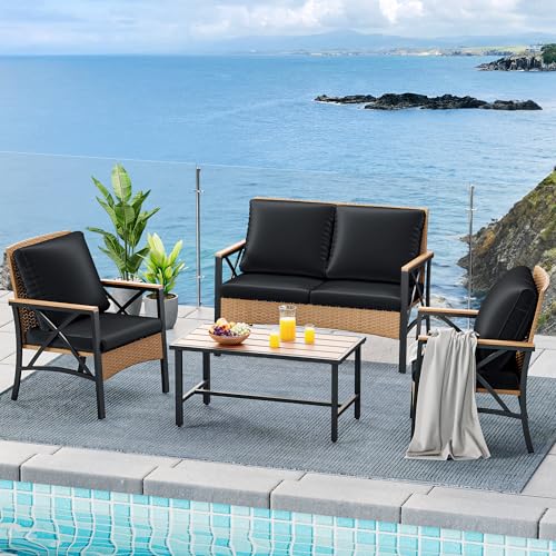 YITAHOME-4-Piece-Patio-Wicker-Furniture-Set-with-Wood-Armrest-All-Weather-Rattan-Conversation-Furniture-Sets-for-Backyard-Balcony-Deck-wSoft-Cushions-and-Plastic-Wood-Table-Light-BrownBlack YITAHOME 4 Piece Patio Wicker Furniture Set with Wood Armrest All Weather Rattan Conversation Furniture Sets for Backyard Balcony Deck wSoft Cushions and Plastic Wood Table Light BrownBlack