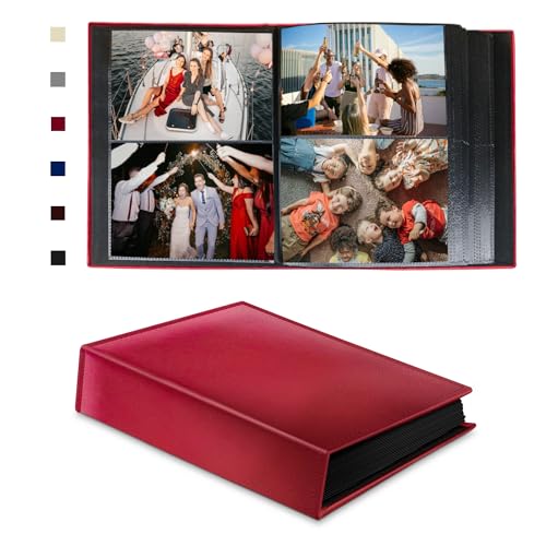 Rdylymx Photo Album 6x4 200 Landscape Pockets Photos, Leather Cover Picture Albums Holds 200 Horizontal Photos (Red)
