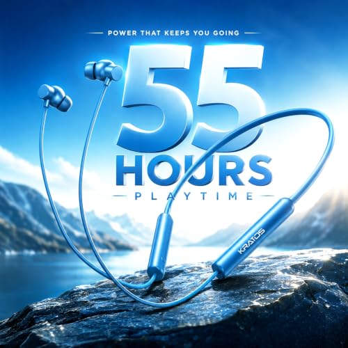 Image of Kratos Blue Bluetooth Neckband with 55H Playtime, Deep Bass, Stereo Sound, HD Calls, Magnetic Earbuds, Voice Assistant, Type-C Fast Charging, Rich Audio, Hollow Switch for Comfort & Style