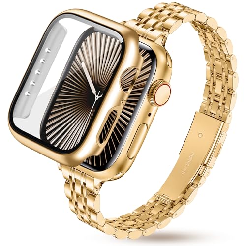Aniaboho Damen Extrem Slim Metallarmband kmpatibel mit Apple Watch Armband 40mm mit Schutzhülle Slim Wunderschön Edelstahlarmband feines Band und Hülle für iWatch SE Series 6 5 4(40mm Gold)