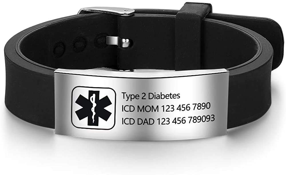 DaMei Personalized Silicone Adjustable Medical Alert Bracelets Waterproof Sport Emergency ID Name Bracelets for Men Women (Black-1)