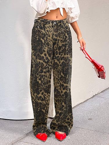 Womens Straight Leg Jeans, Leopard Print Cheetah Jeans for Women Trendy Baggy Wide Leg Loose Fit Y2K Denim Pants2