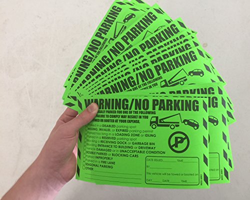 Parking Violation Stickers for Cars (Fluorescent Green) - 50 Illegal Warning Reserved, Handicapped, Private Parking and More/No Parking Hard to Remove and Super Sticky Tow Warnings 8” x 5” by MESS