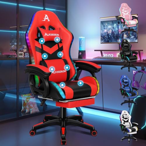 ALFORDSON Gamer-Stuhl Gamer Stühle RGB LED Racing PC-Gaming-Sessel Massage Bürostuhl ergonomisch Schreibtischstuhl Fußstützen, 90-150°Neigungswinkel,180 kg belastbar, Rot