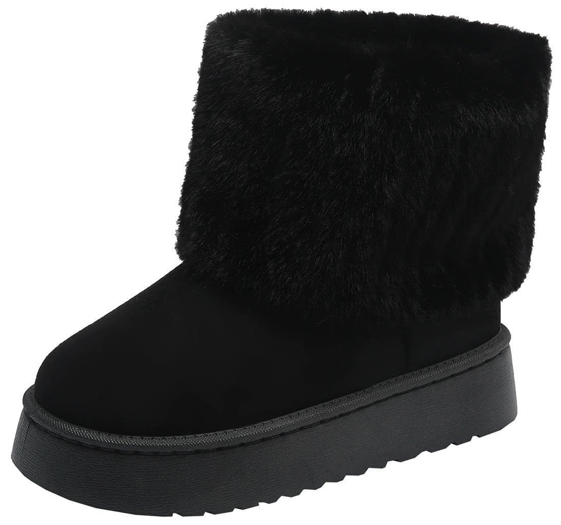 Womens Furry Mid Calf Boots Faux Fur Round Toe Platform Snow Boots Suede Warm Fur Lined Boot Flat