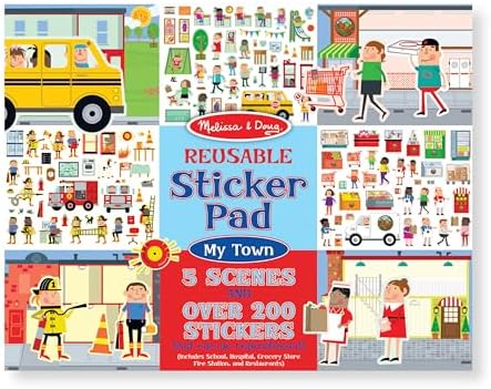 Melissa & Doug Reusable Sticker Pad - My Town (Extra Large Sticker Activity Pad, Removable Backgrounds, 200 Cling-Style Stickers)