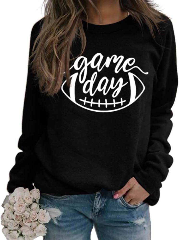 HAOYUNLAIWomen Game Day Sweatshirt Football Graphic Print Shirt Long Sleeve Round Neck Casual Top Fall Pullover