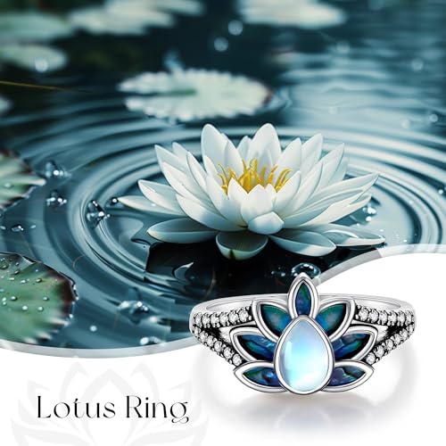 ONEFINITY Lotus Ring 925 Sterling Silver Moonstone Abalone Shell Lotus Flower Ring Inspirational Floral Yoga Jewelry Mothers Gifts for Women Mom Grandma Lotus Lover2