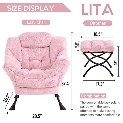 Image of LITA Lazy Chair with Ottoman, Modern Accent Leisure Upholstered Sofa, Contemporary Lounge Reading Chair with Armrests and a Side Pocket for Living Room, Bedroom & Small Spaces, Plush Pink