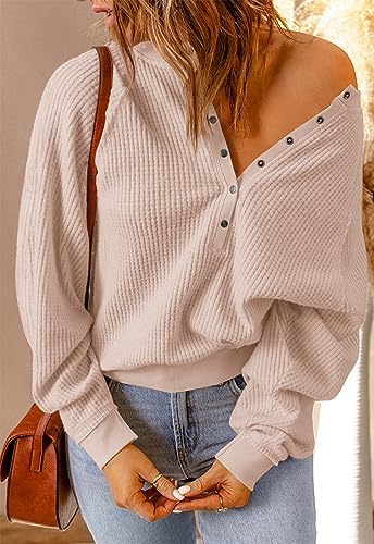 Prettygarden Womens 2023 Batwing Long Sleeve V Neck Sweater Drop Shoulder Button Waffle Knit Pullover Winter Slouchy Henley Tops thumb #2