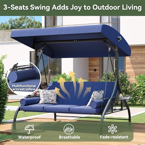 Aoxun Outdoor Porch Swing with Stand and Canopy, 3 Seats Outdoor Swings for Adults, Convertible 2 in 1 Swing Bed with Cup Holder, Patio Swings with Thicken Cushions for Garden, Yard & Balcony, Blue — view 4