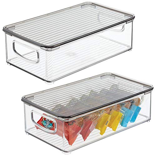 mDesign Plastic Pantry Storage Box Container with Lid and Built-In Handles - Organization for Flour, Cereal, Pasta, Rice, or Food in Kitchen Cupboard, Ligne Collection, 2 Pack, Clear/Smoke Gray