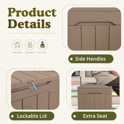 Image of Devoko 31 Gallon Waterproof Outdoor Storage Box Resin Deck Box Lockable and UV Resistant for Patio Furniture,Garden Tools (Light Brown)