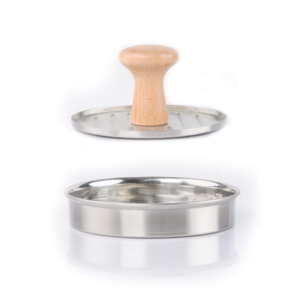 13,3 cm Burger Press Wypchany Hamburger Patty Maker Forma ze stali nierdzewnej Nieprzywierająca Presser do mięsa Niezbędne akcesoria do grillowania do suwaków do mięsa i zwykłego burgera wołowego z drewnianym uchwytem do grilla