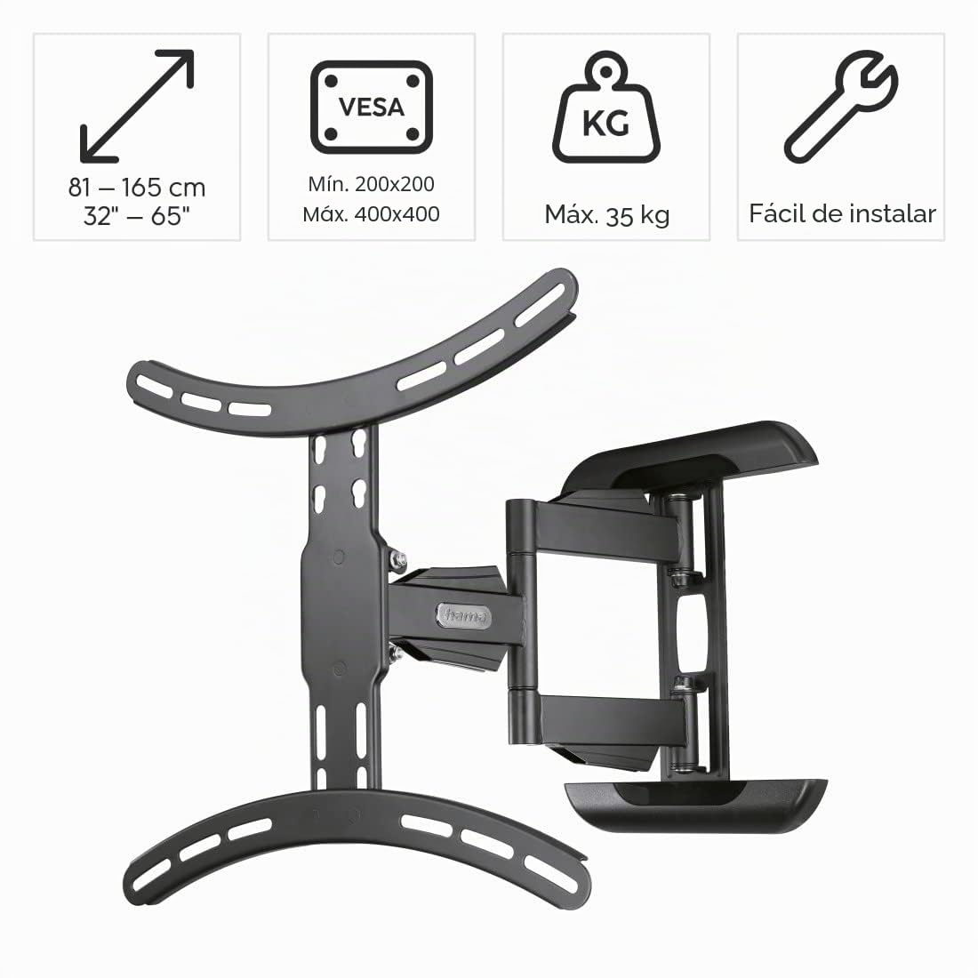 Hama | Soporte para TV de hasta 65" (Soporte de Pared TV estándar VESA 400 x 400, Pantallas de 32" a 65", Organizador de Cable, Carga Máx. 35 Kg, 3 Articulaciones, Inclinación 2/12º, Giro 180º