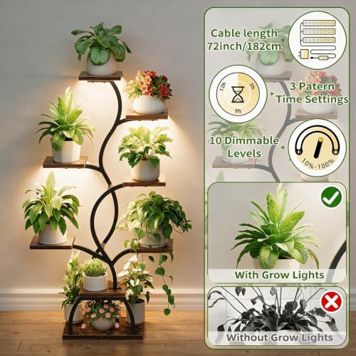Image of Plant Stand Indoor with Grow Light - 8 Tiered Corner Plant Shelf Indoor | 49 inch Plant Holder with Lights for Indoor Growing, Tall Lighted Flower Stand for Living Room, Balcony, Brown