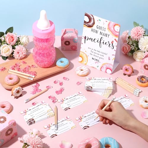 Image of Roowest 512 Pcs Baby Shower Games Guess How Many Pacifiers Sign 100 Small Guessing Games 10 HB Pencils 750ml Milk Bottle 400 Acrylic Pacifiers Decoration for Guest Gender Reveal(Pink,Donut)