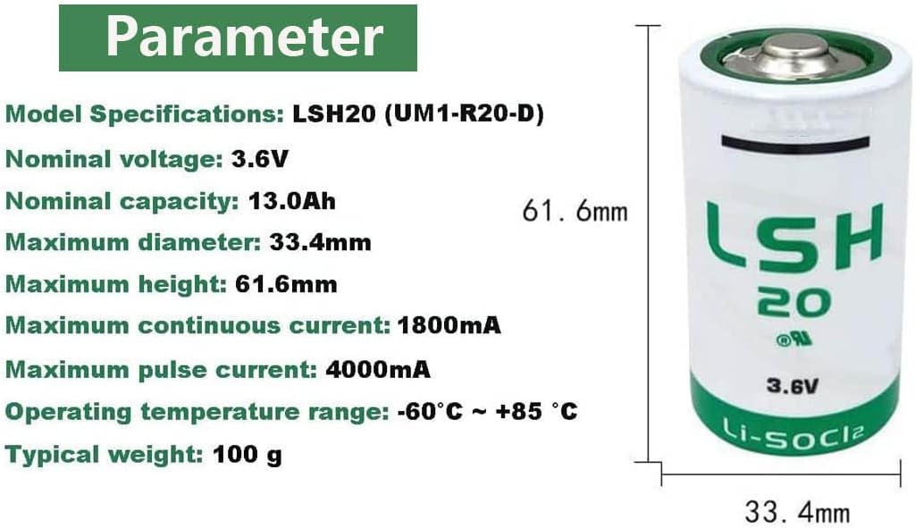 2- Pack LSH20 3.6V LiSOCl2 Lithium Battery R20/D 3.6V 13.0 Ah LSH 20 ER34615M Battery 13000mAh