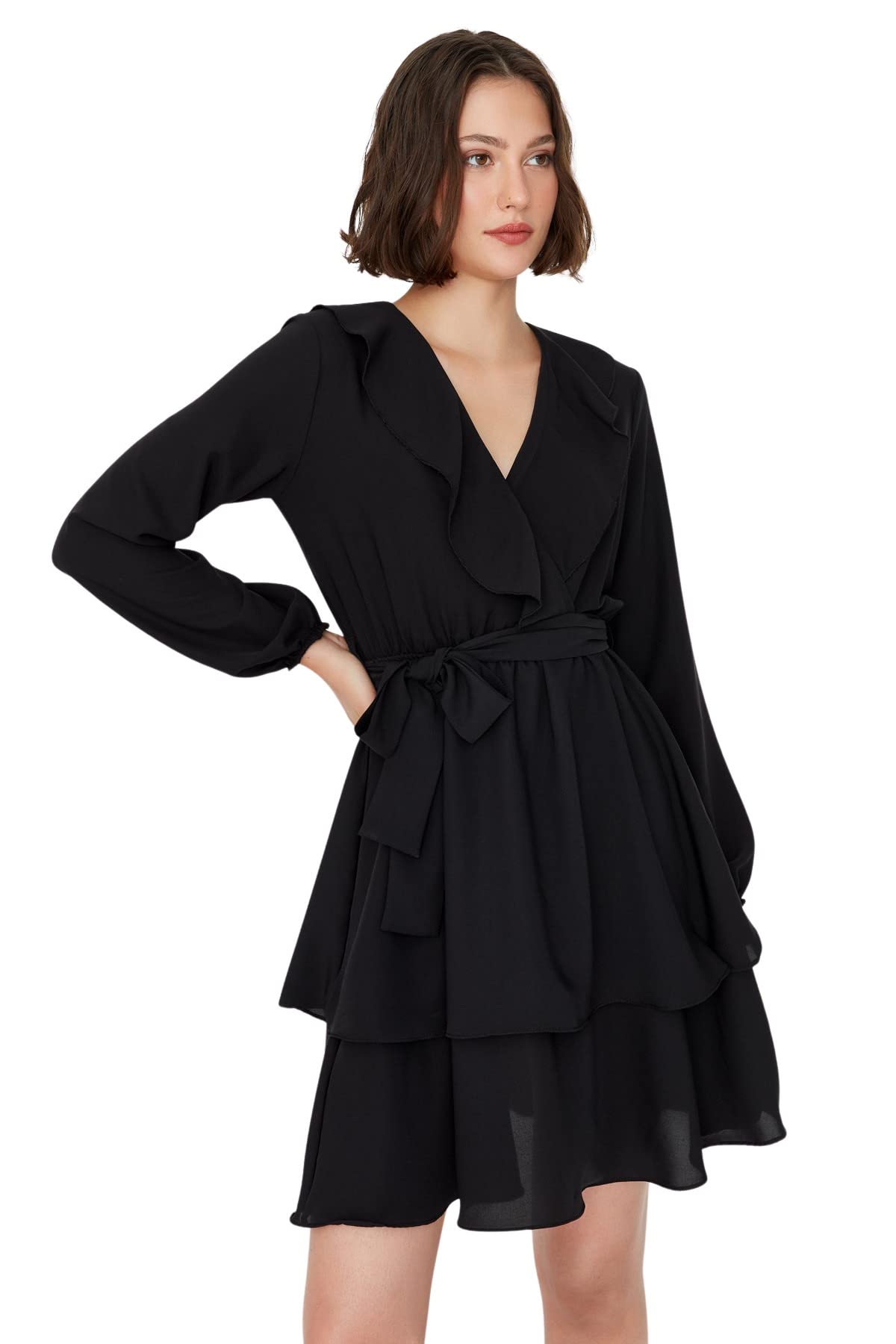 Trendyol Damen Schwarz Regular Gerüschter Saum Rundhalsausschnitt Webstoff Kleid, Mehrfarbig, 38