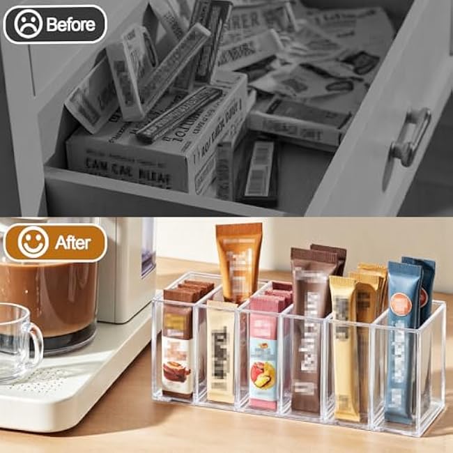 Drink Packet Organizer, Magnetic Water Packet Holder with Removable Divider & 6 Compartment, Clear Acrylic Water Flavor Packet Organization Container for Kitchen Bins Cabinets Organizer