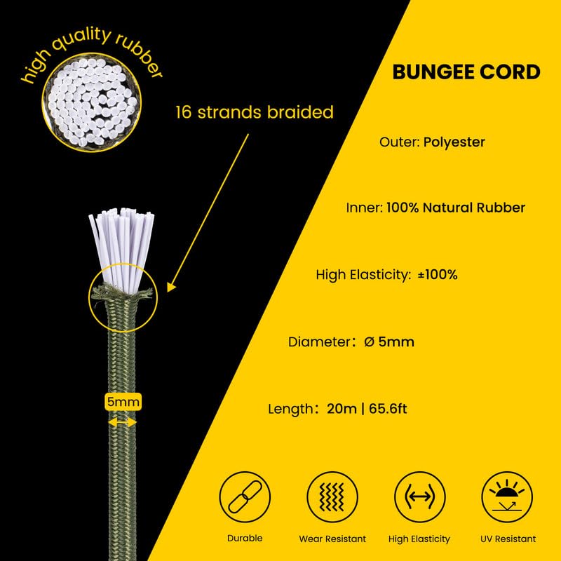 Brotree Bungee Cord Elastic Shock Cord 5mm x 20m Bungee Rope Heavy Duty for Trailer Tarpaulin, Tent Pole, Kayak and Backpack - Image 3