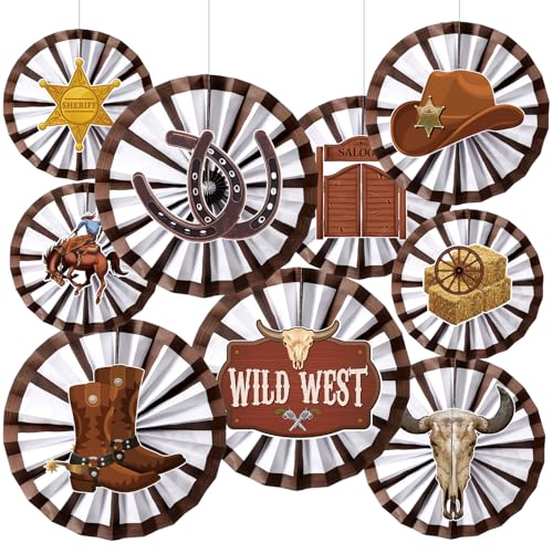 Affrolling 18 Pcs Western Cowboy Hanging Decor, Paper Fans with Stickers