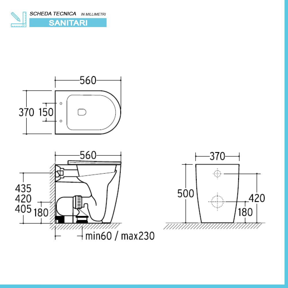 Wc e bidet rialzati filomuro per anziani e disabili, in ceramica scarico traslato 6-23 cm e sedile soft-close, serie COMODA