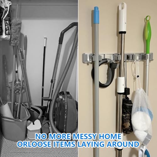 Image of reliahom Broom Holder Wall Mount Mop Hanger Tools organizer 4Racks 5Hooks | Adjustable Stick or Screw Mop Broom Wall Hanging Tool Storage Rack Space-saving for Garage,Kitchen,Laundry Room,Garden,Silver