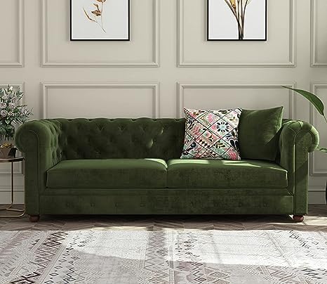 Image of Solid Wood Velvet Fabric L Shape Sofa Sofa for Living Room Button Tufted Sofa Chair for Home & Office (Left Aligned L-Shaped (3 Seater Green)